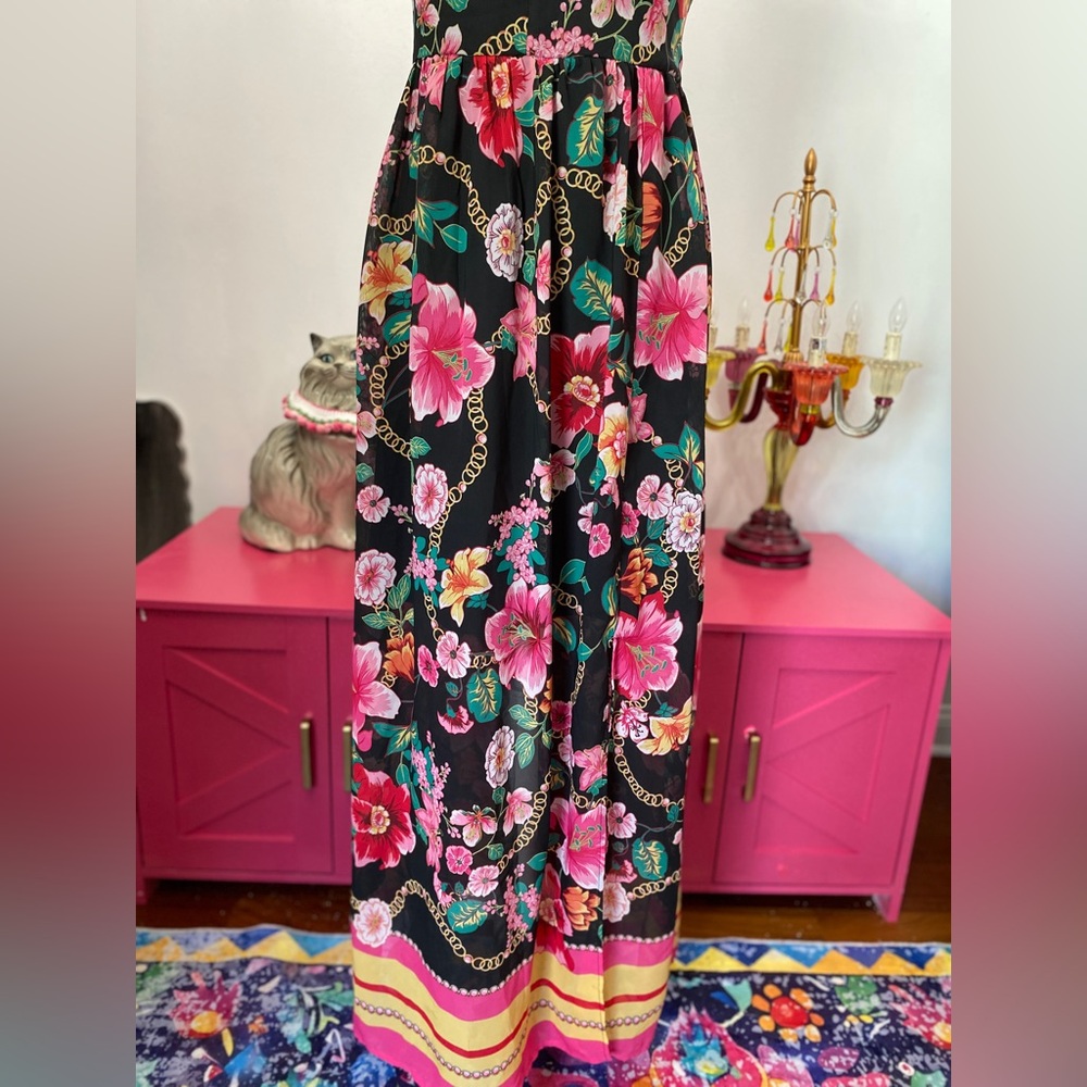 NICOLE MILLER BLACK PINK FLORAL MAXI DRESS SIZE 10 - Picture 4 of 11